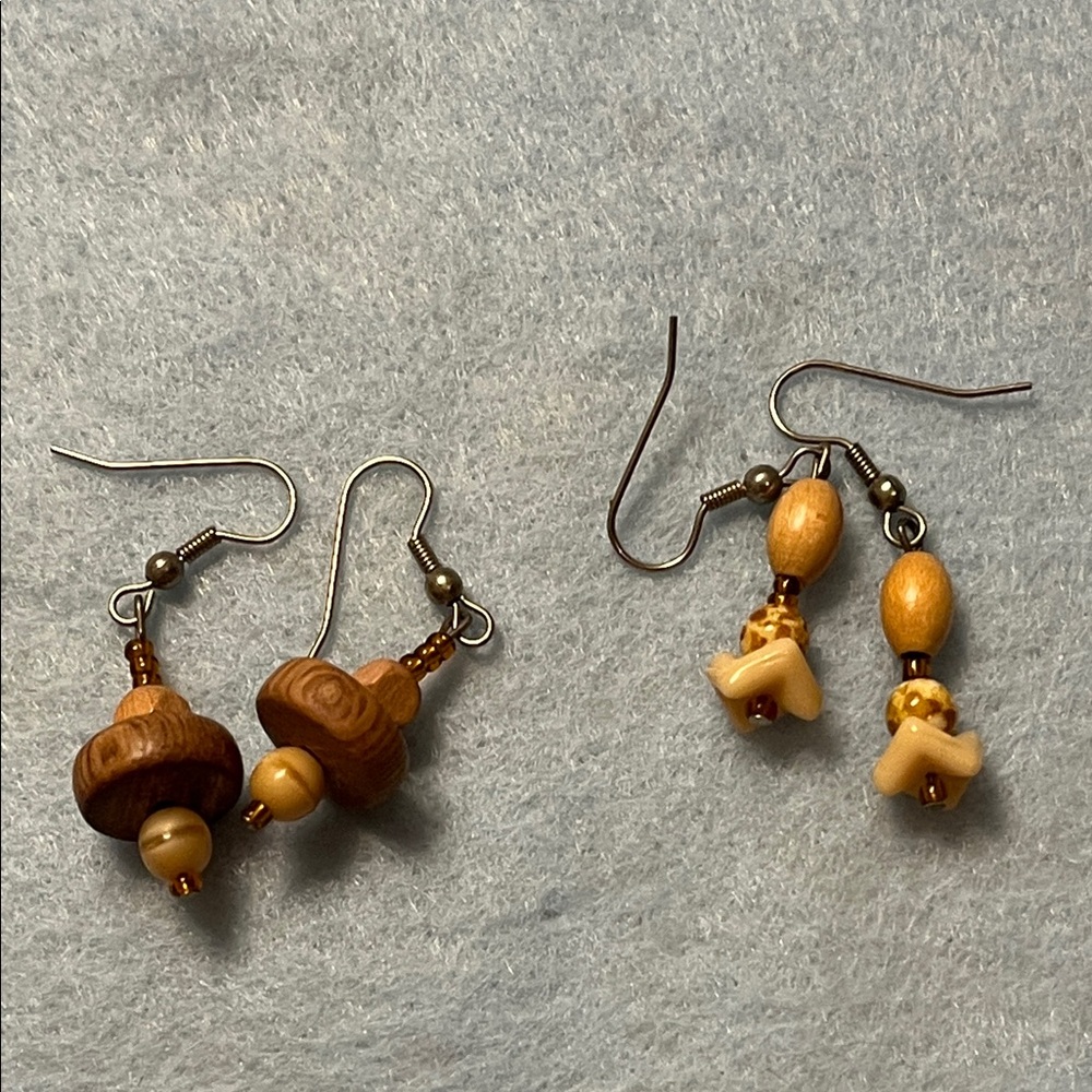 Wooden Beaded Dangle Earrings - 2 Pair